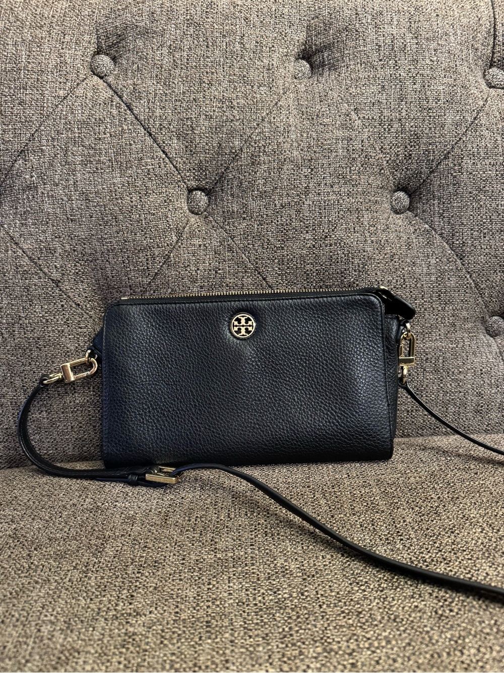 Tory Burch Black Pebbled Leather Crossbody with Gold Logo